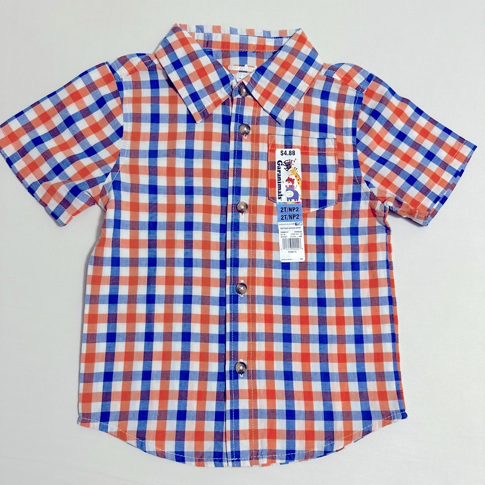 Toddler Boys BLUE ORANGE WHITE PLAID SHIRT Button Up Front DRESSY Casual.